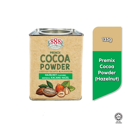 888 Premix Cocoa Powder Hazelnut 135g – Halal-certified instant cocoa drink with hazelnut flavor, available in Singapore
